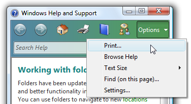 captura de pantalla del comando de impresión en la barra de herramientas y el menú