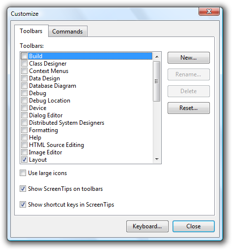 Captura de pantalla del cuadro de diálogo Personalizar y opciones.