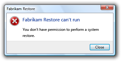 captura de pantalla del mensaje: fabrikam restore no se puede ejecutar