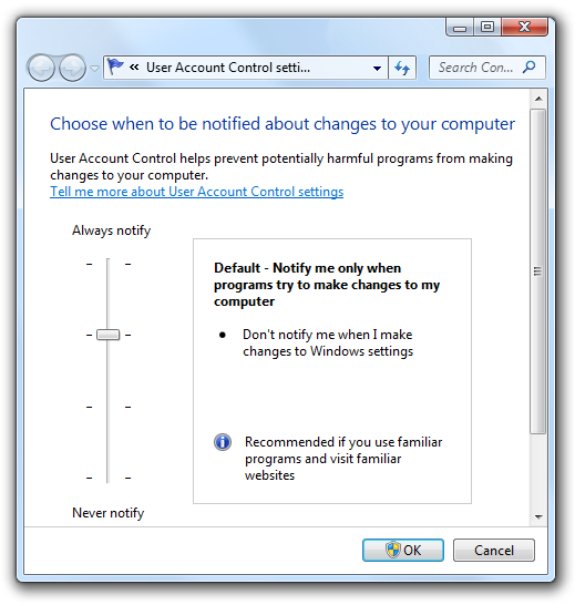 captura de pantalla de cuatro configuraciones de uac en windows 7